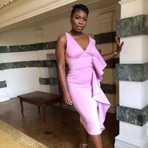 lavish alice asymmetric draped frill midi dress in scuba